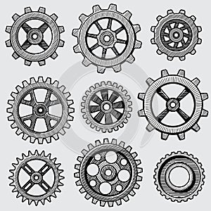 Retro sketch mechanical gears. Hand drawn vintage cog wheel parts of factory machine vector illustration