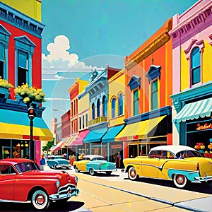 Retro small town downtown 1960 scene