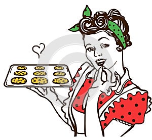 Retro smiling housewife cooking chocolate chip cookies in hands. Pin up vector color graphic illustration woman in the kitchen
