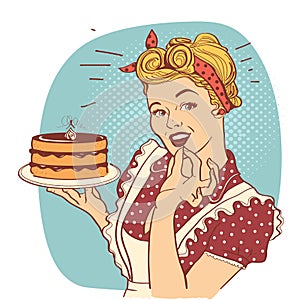 Retro smiling housewife holding big cake in her hands.Vector color illustration