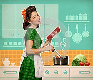 Retro smiling woman cooking and reading recipe book in her kitchen room