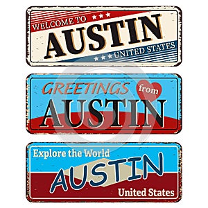 Vintage tin sign collection with US. AUSTIN City. Retro souvenirs or old paper postcard templates on rust background