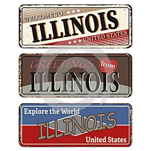 Vintage tin sign collection with US. Illinois State. Retro souvenirs or old paper postcard templates on rust background