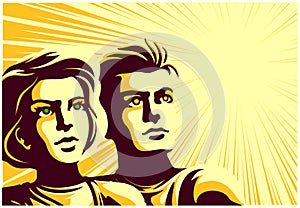 Retro soviet propaganda style couple man and woman looking into the distance with inspired face expression vector illustration