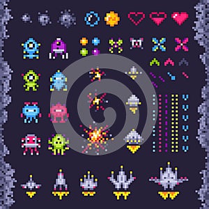 Retro space arcade game. Invaders spaceship, pixel invader monster and retro video games pixel art isolated objects illustration