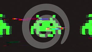 Retro space invader icon with distortion and glitch effect