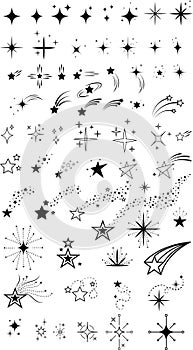 Retro sparkles and stars icons collection. Bundle set of star shapes and comets. Abstract shine vector effect sign