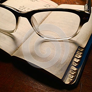 Retro spectacles with little black book. photo