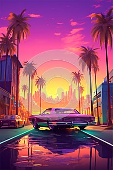 Retro sport car among the palm trees and buildings with backdrop of the sunset in the city