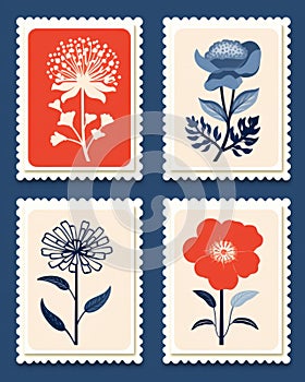 Retro Stamp Style Illustrations With Red And Blue Flowers photo