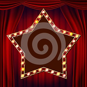 Retro Star Billboard Vector. Red Theater Curtain. Shining Light Sign Board. 3D Electric Glowing Star Element. Vintage