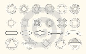 Retro starburst set. Vintage sunburst graphic elements. Sunrise circle line decorations. Badges with rays, decorative