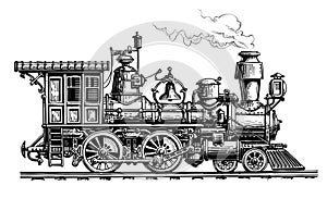 Retro steam locomotive, train. Vintage sketch vector illustration