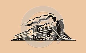 Retro steam locomotive transport sketch. Train symbol vintage vector illustration