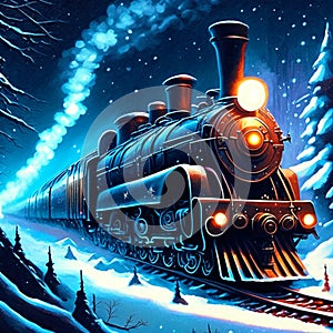 Retro steam locomotive in the winter forest. Christmas illustration. AI generated