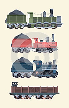 Retro steam locomotives set. Old steam powered trains coal trailers classic rail travel with smoke artistic color