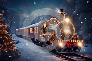 Retro steam train decorated with Christmas lights riding throught snowy forest, ai generated