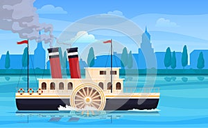 Retro steamboat floating on sea river water at antique city silhouette vector flat illustration photo