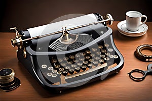 Retro Steampunk Typewriter In Black And Bronze. Generative AI