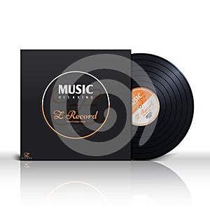 Retro stereo audio black vinyl disc and album paper sleeve cover vector mockup photo