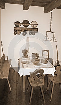 Retro still life with table set in an old cottage