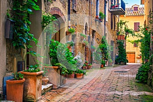 Retro stone houses decorated with colorful flowers, Pienza, Tuscany, Italy