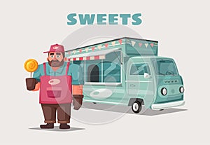 Retro street food van. Funny seller character. Cartoon vector illustration.