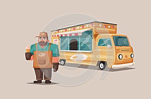 Retro street food van. Funny seller character. Cartoon vector illustration.