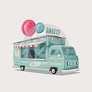 Retro street food van. Vintage sweets and candy truck. Cartoon vector illustration.