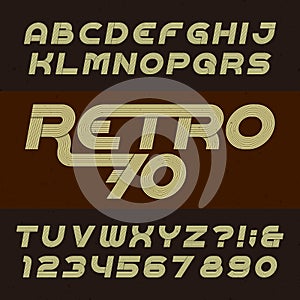 Retro stripe alphabet vector font. Funky oblique type letters, numbers and symbols.