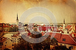Retro stye panoramic view of Tallinn old city center