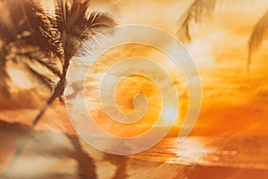 Retro style background on which there is sunset on the beach with palm trees