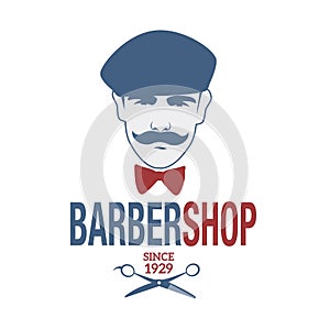 Retro style barber shop emblem representing a man with a mustache, beret and bow tie.