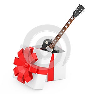 Retro Style Beautiful Black Electric Guitar in Gift Box with Red Ribbon and Bow. 3d Rendering
