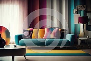 Retro style in beautiful living room interior with colorfull wall, ai generative