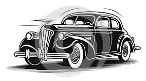 Retro style black classic car silhouette vector illustration, isolated on white background