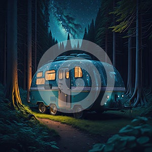 Retro Style Caravan In Mountain Forest, Night With Stars, Traveling and Camping Concept Background, Generative AI