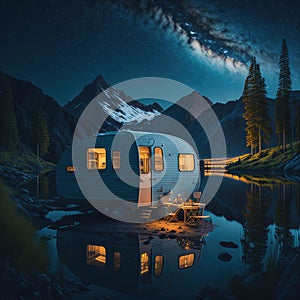 Retro Style Caravan Near Mountain Lake, Night With Stars, Traveling and Camping Concept Background, Generative AI