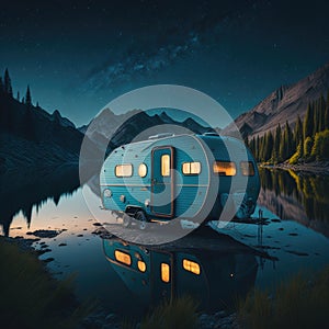 Retro Style Caravan Near Mountain Lake, Night With Stars, Traveling and Camping Concept Background, Generative AI