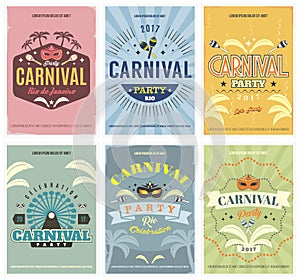 Retro style Carnival set of 6 colorful posters with masquerade masks, ferris wheel and more.