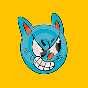 Retro style cartoon angry cat face. Groovy vintage 70s blue cat character angry muzzle.
