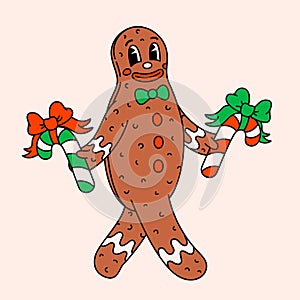 Retro style cartoon christmas ginger bread man. Groovy vintage 70s funny cookie man character holding candy canes