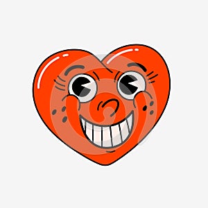 Retro style cartoon heart character. Groovy vintage 70s red heart character with funny face.