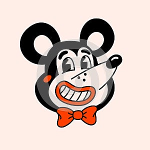 Retro style cartoon mouse character. Groovy vintage 70s red mouse character with funny face
