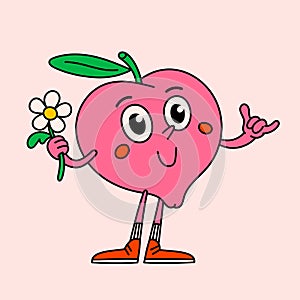 Retro style cartoon peach character with cheerful expression. Groovy vintage 70s peach character with funny face and
