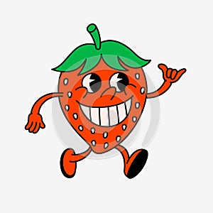 Retro style cartoon strawberry character with smile. Groovy vintage 70s berry character with funny face showing shaka