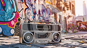 A retro style cassette tape recorder, also known as a boombox, Ai Generated