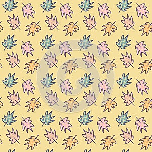 Retro style checkered maple leaves seamless pattern. Autumn print for tee, paper, fabric, textile. Hand drawn illustration for