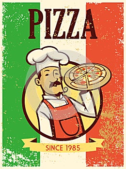 Retro style chef presenting a plate of pizza