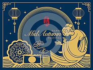 Retro style Chinese Mid Autumn festival full moon cakes lantern hot tea and beautiful woman Chang E from a legend. Translation for